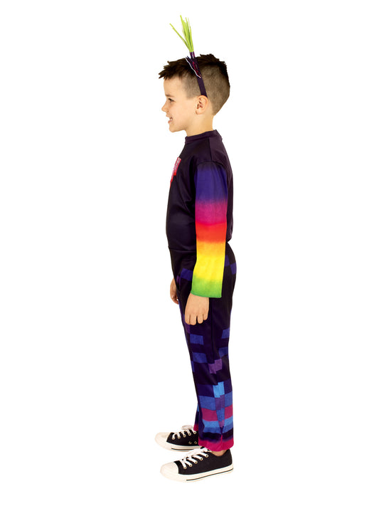 Colorful Trolls King Trollex jumpsuit costume with rainbow sequins for playful kids dress-up.