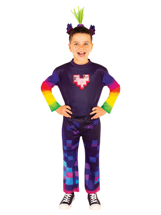 Colorful Trolls King Trollex jumpsuit costume with rainbow sequins for kids imaginative play.