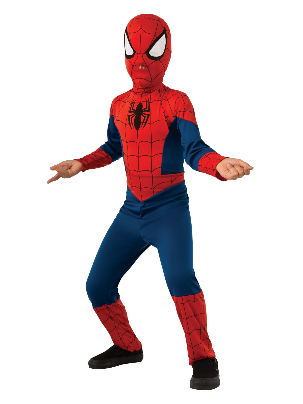 Spider-Man costume featuring a red jumpsuit with detailed digital print design for superhero role-play and dress-up fun.
