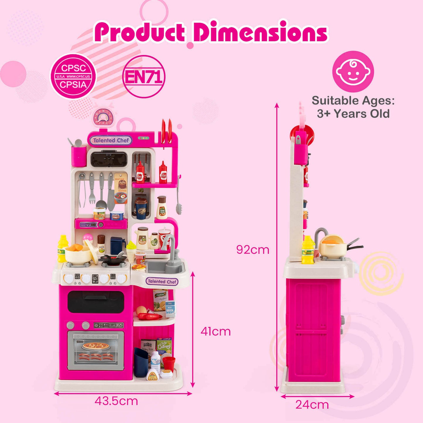 95 Piece Pink Kitchen Playset | Realistic Sounds & Water Faucet
