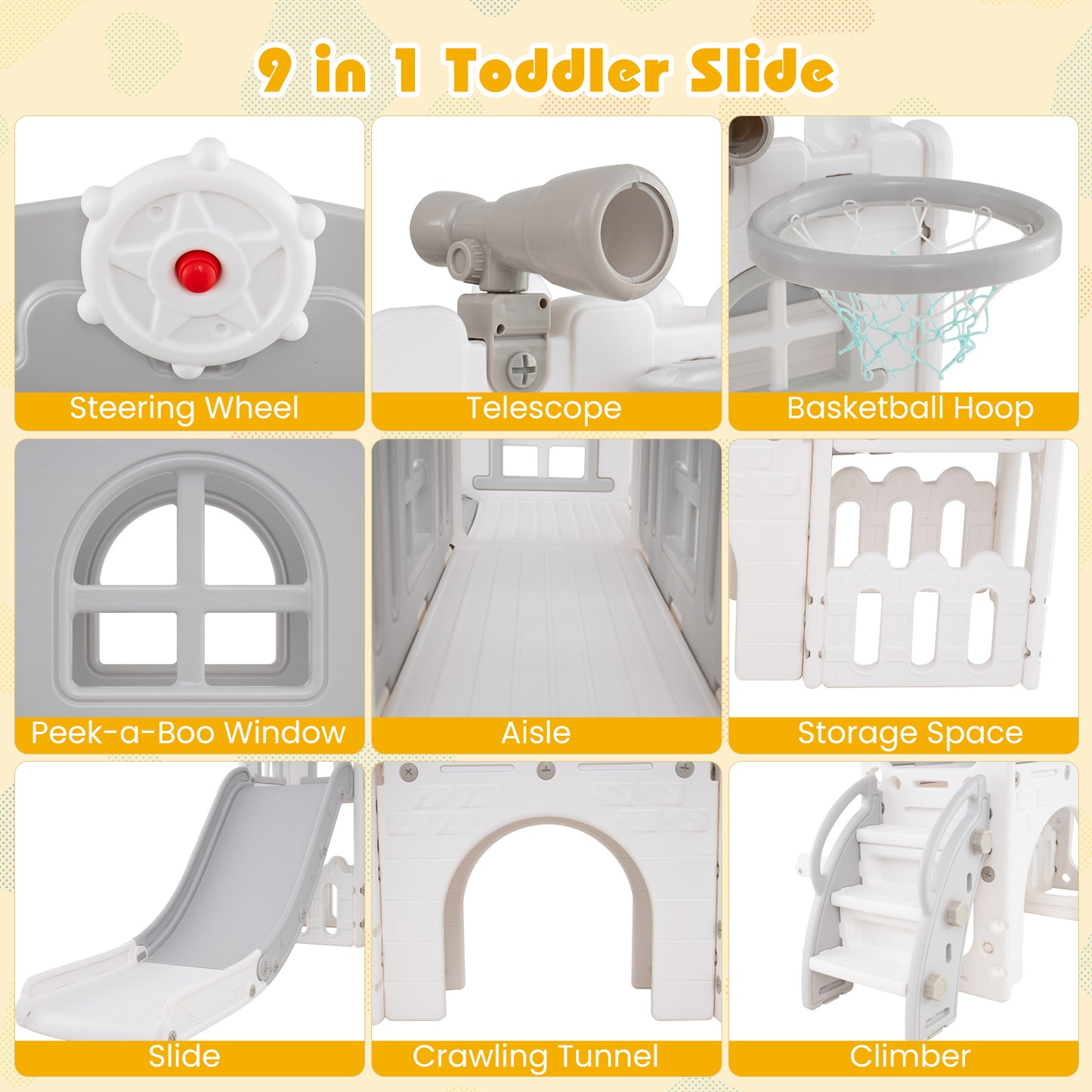 9 In 1 Toddler Slide Climber Playground | Grey White HDPE