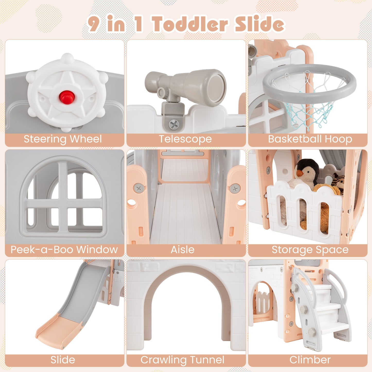 9 In 1 Indoor Playground Slide Climber Pink Grey HDPE Toddler
