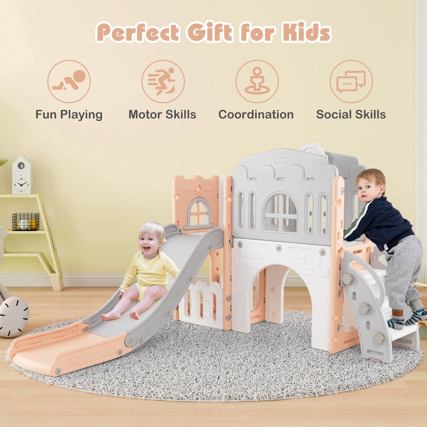 9 In 1 Indoor Playground Slide Climber Pink Grey HDPE Toddler