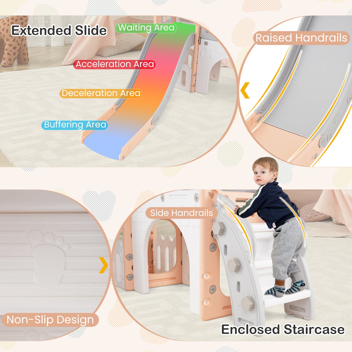9 In 1 Indoor Playground Slide Climber Pink Grey HDPE Toddler