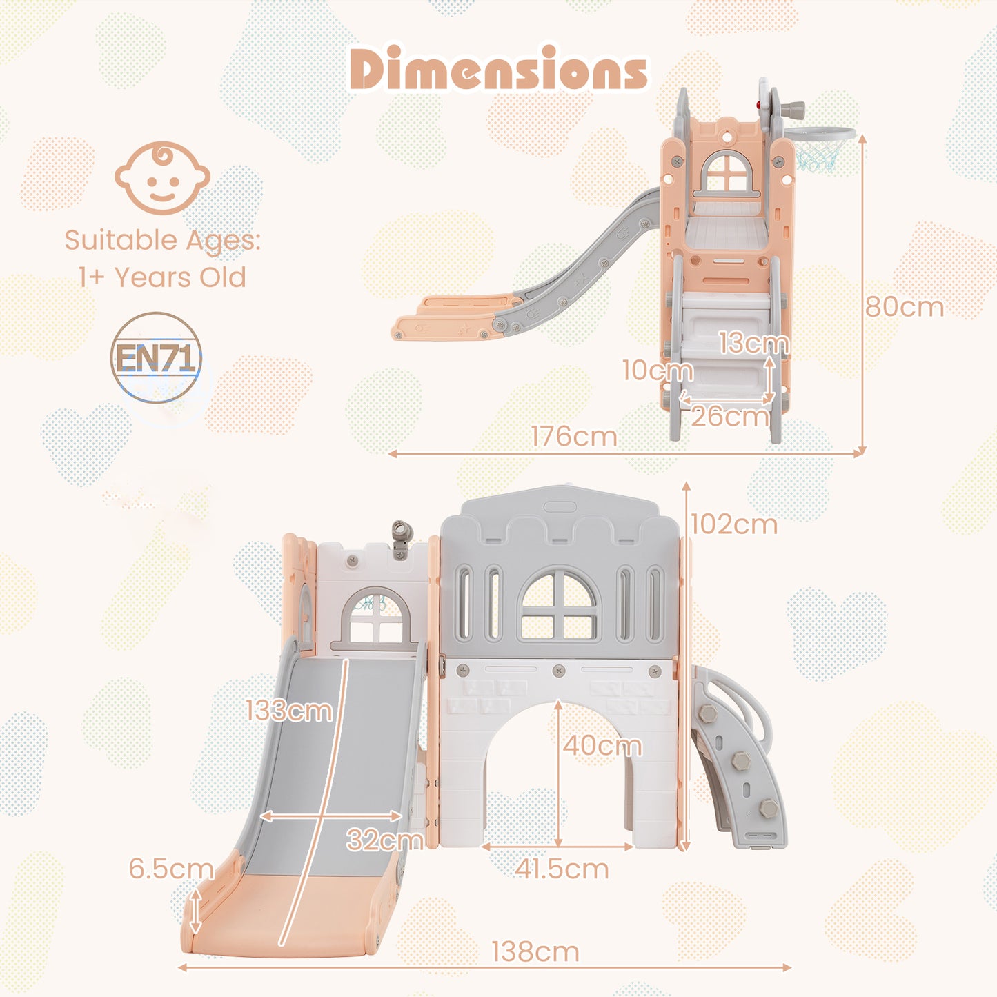9 In 1 Indoor Playground Slide Climber Pink Grey HDPE Toddler
