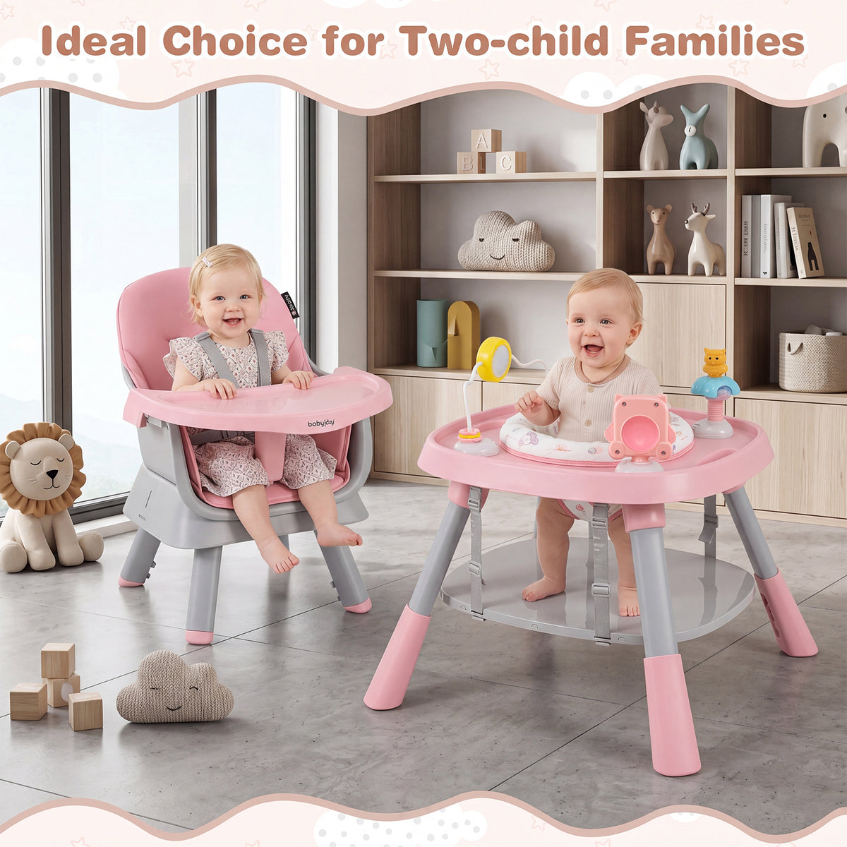 15-in-1 Pink Convertible Baby High Chair | Adjustable Tray & Harness