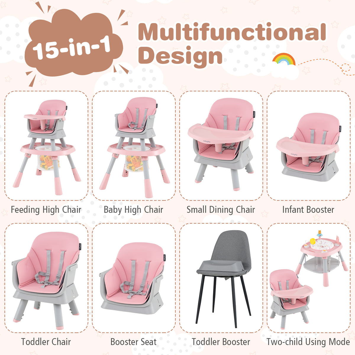 15-in-1 Pink Convertible Baby High Chair | Adjustable Tray & Harness
