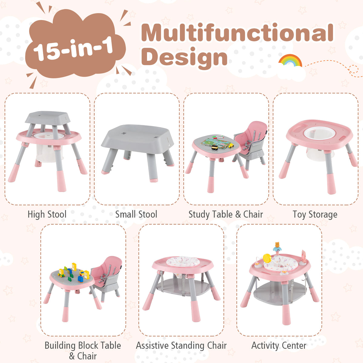 15-in-1 Pink Convertible Baby High Chair | Adjustable Tray & Harness