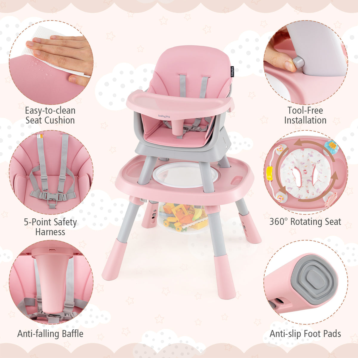 15-in-1 Pink Convertible Baby High Chair | Adjustable Tray & Harness