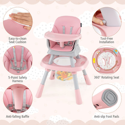 15-in-1 Pink Convertible Baby High Chair | Adjustable Tray & Harness