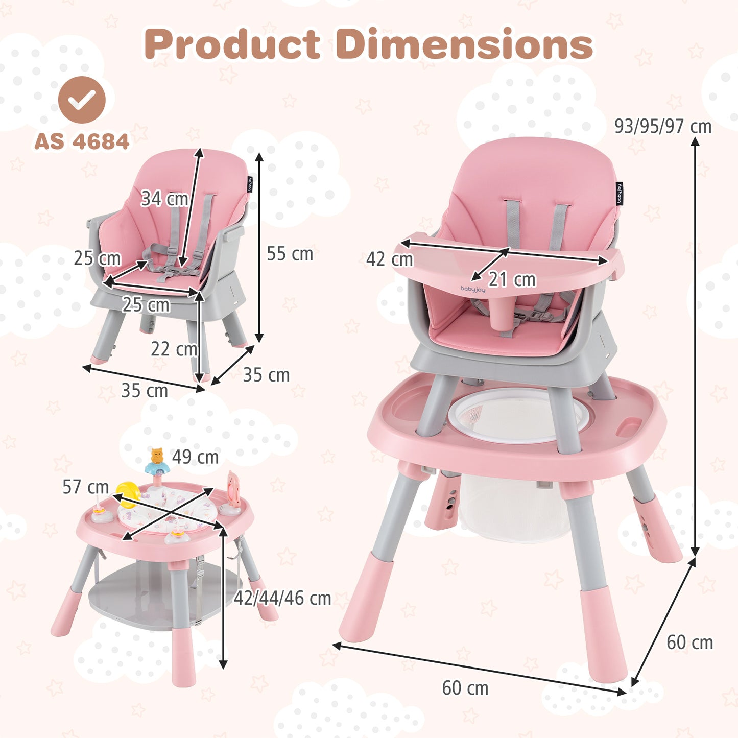 15-in-1 Pink Convertible Baby High Chair | Adjustable Tray & Harness