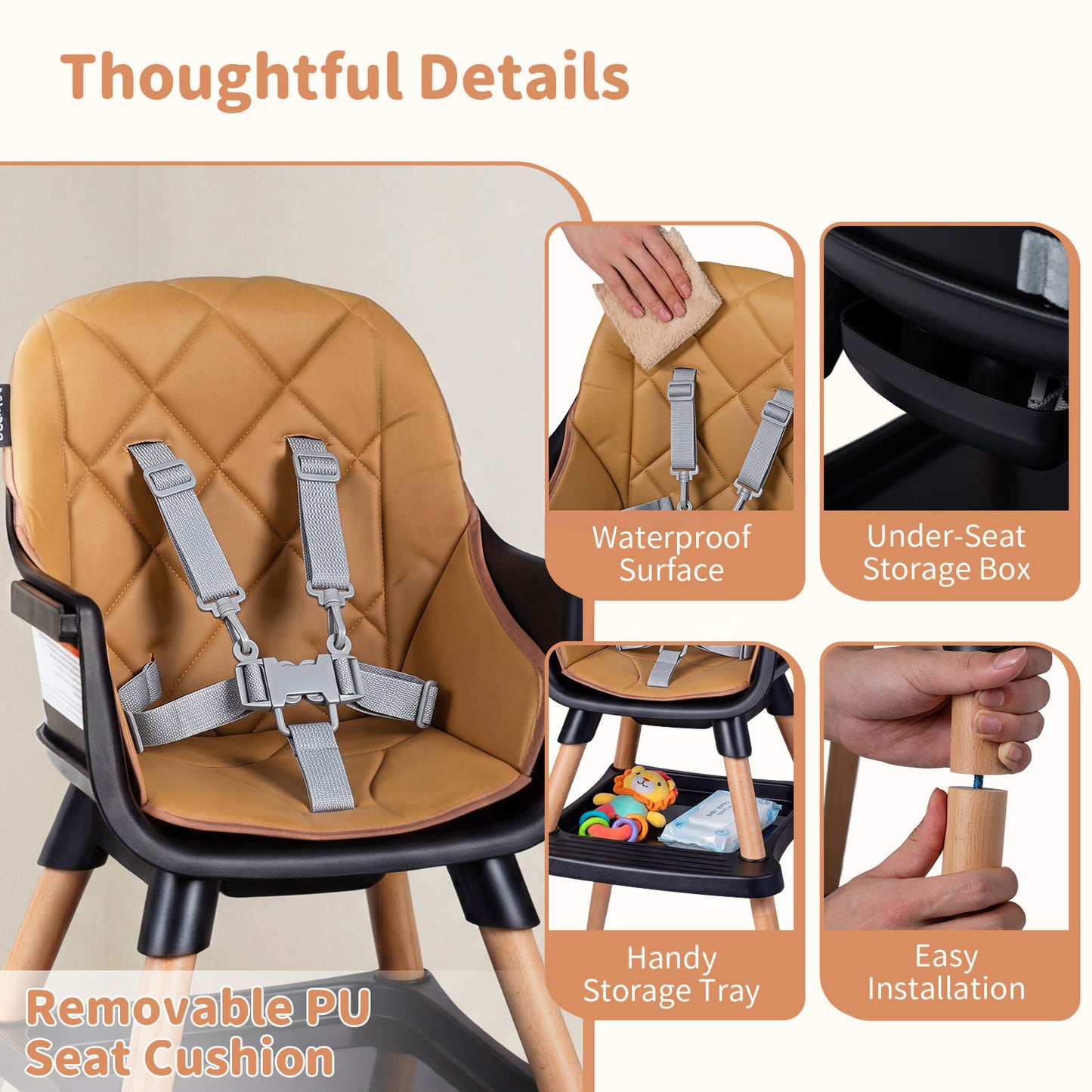 9 In 1 Black Convertible High Chair | Waterproof Cushion & Booster