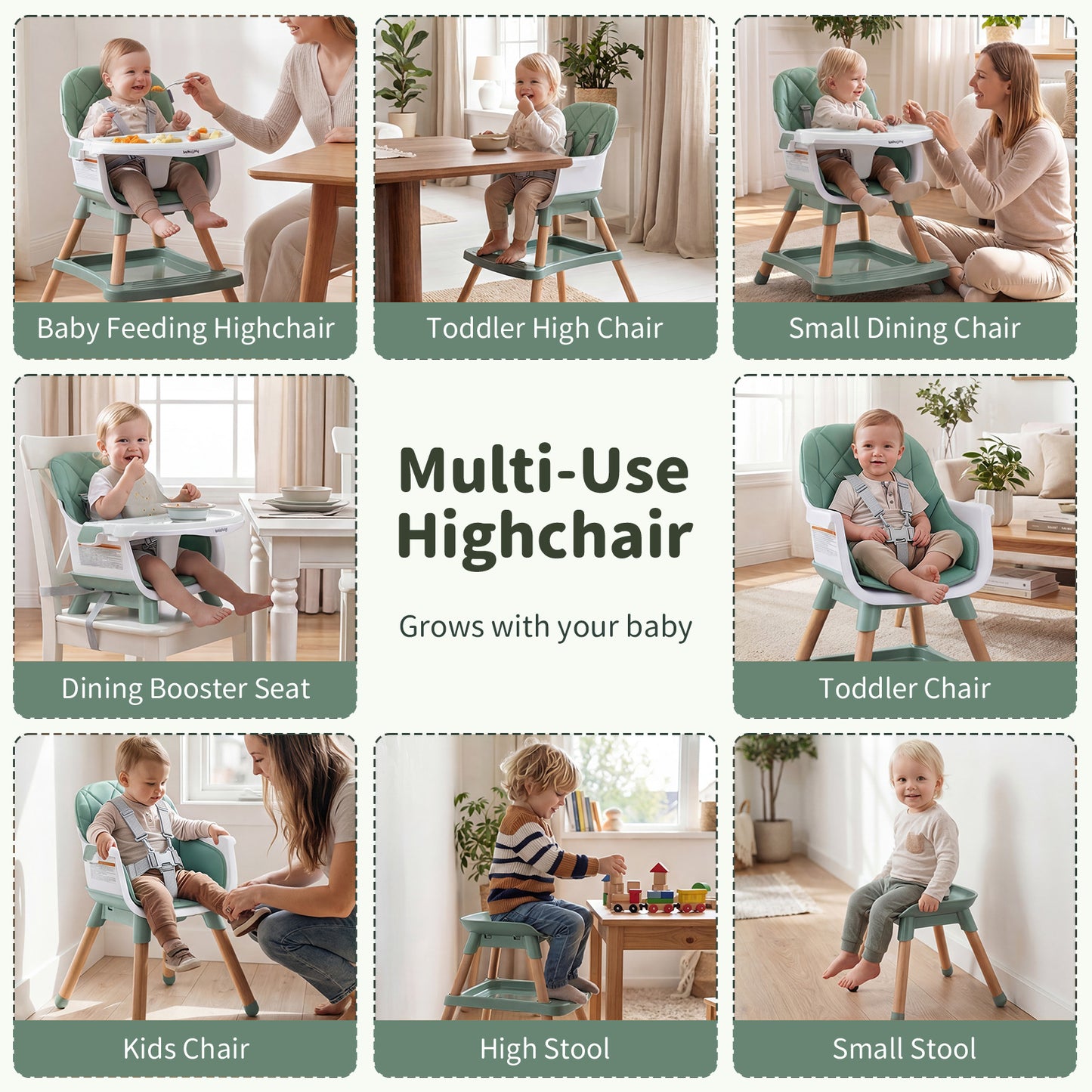 Green 9-In-1 Convertible High Chair | Waterproof Cushion & Booster
