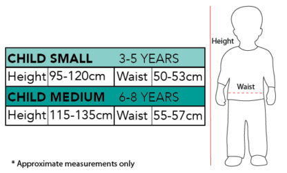 Size chart for children with height and waist measurements