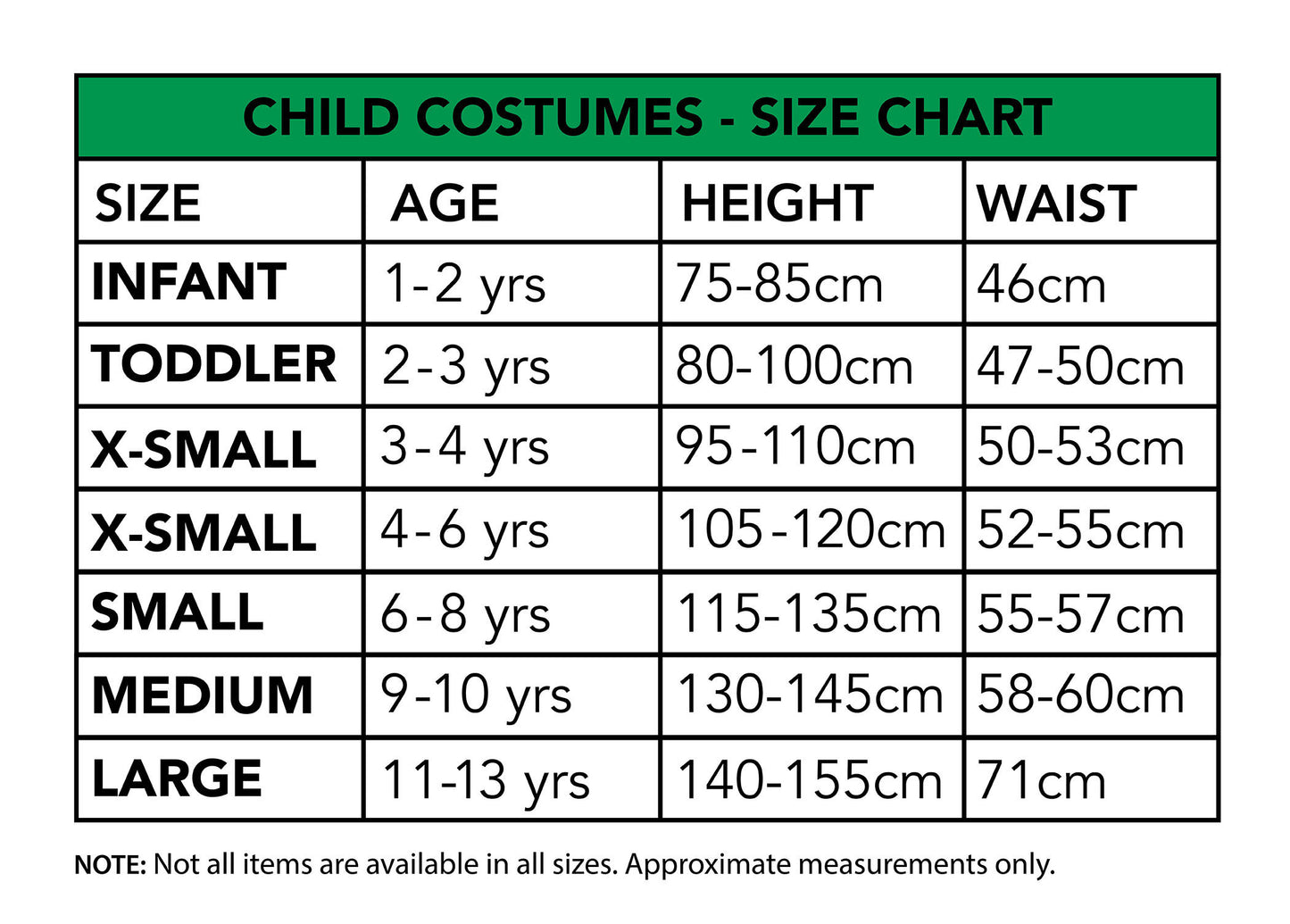 Buzz Lightyear child costumes size chart with age, height, and waist measurements.