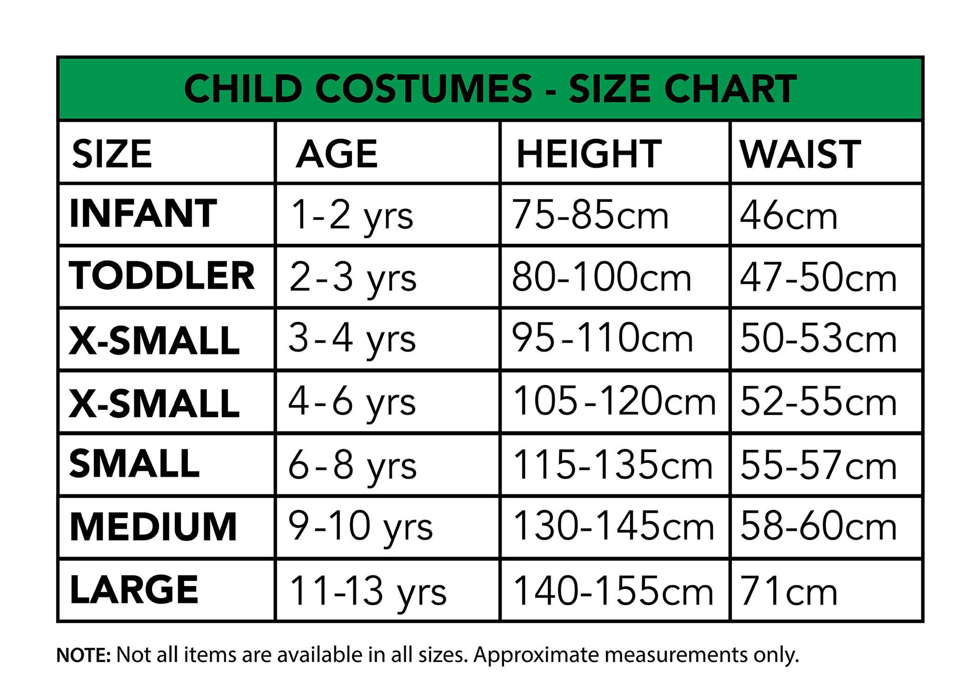 Buzz Lightyear child costumes size chart with age, height, and waist measurements.