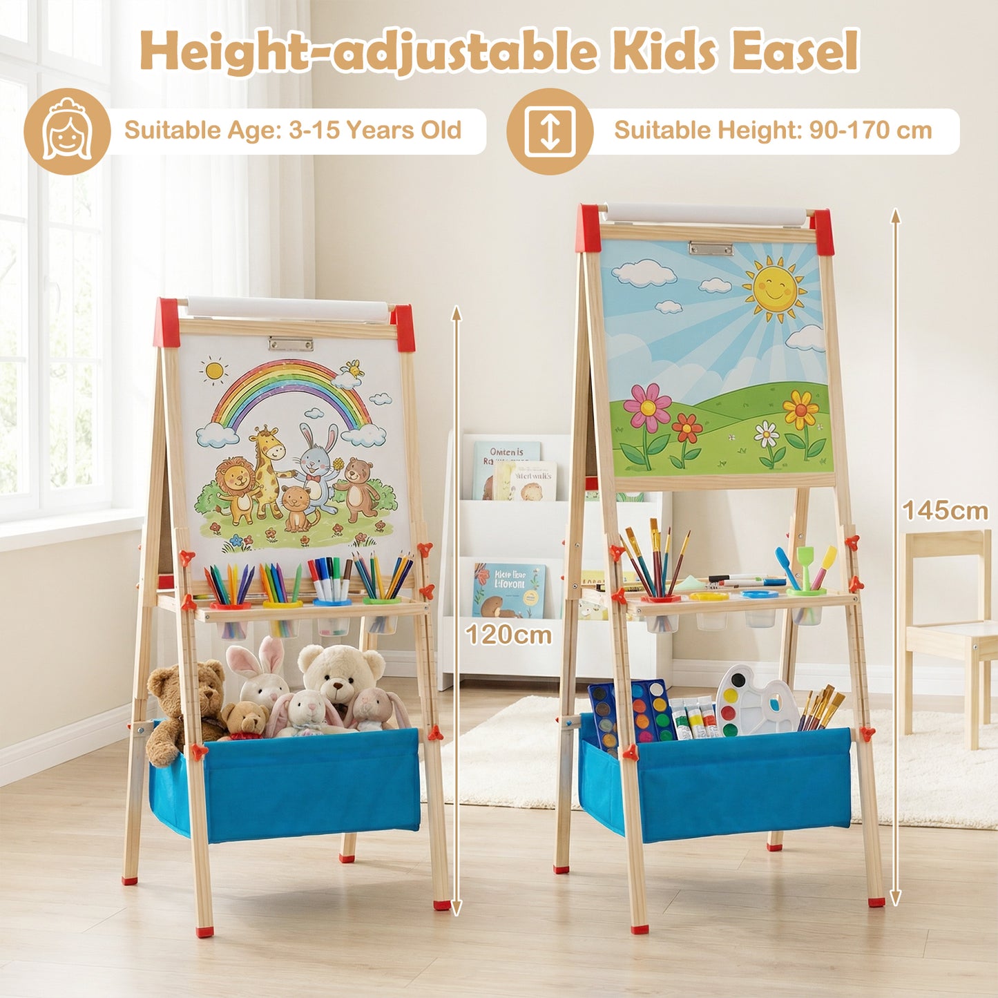 Kids Adjustable Art Easel | Magnetic Chalkboard Whiteboard Red