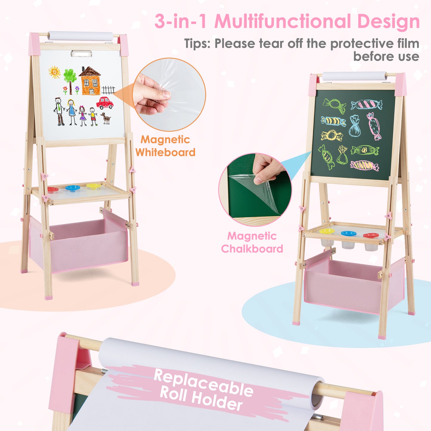 Pink 3-In-1 Adjustable Kids Art Easel | Magnetic Boards Included