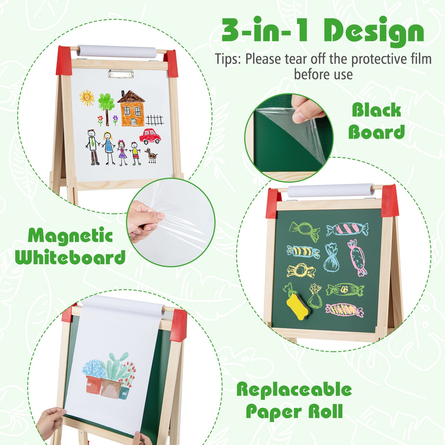 Green Adjustable Kids Art Easel | Magnetic Chalkboard Whiteboard
