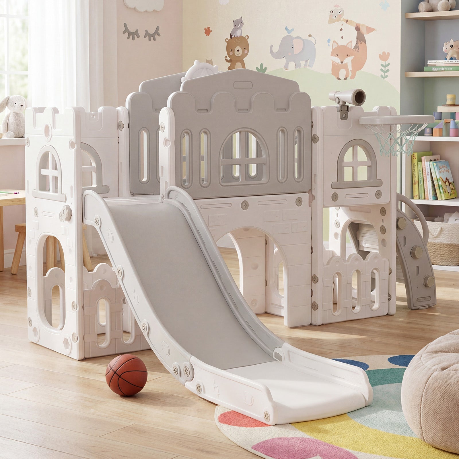 All in 1 L-shaped Toddle Slide with Tunnel and Basketball Hoop for Toddlers Age 1-3-White