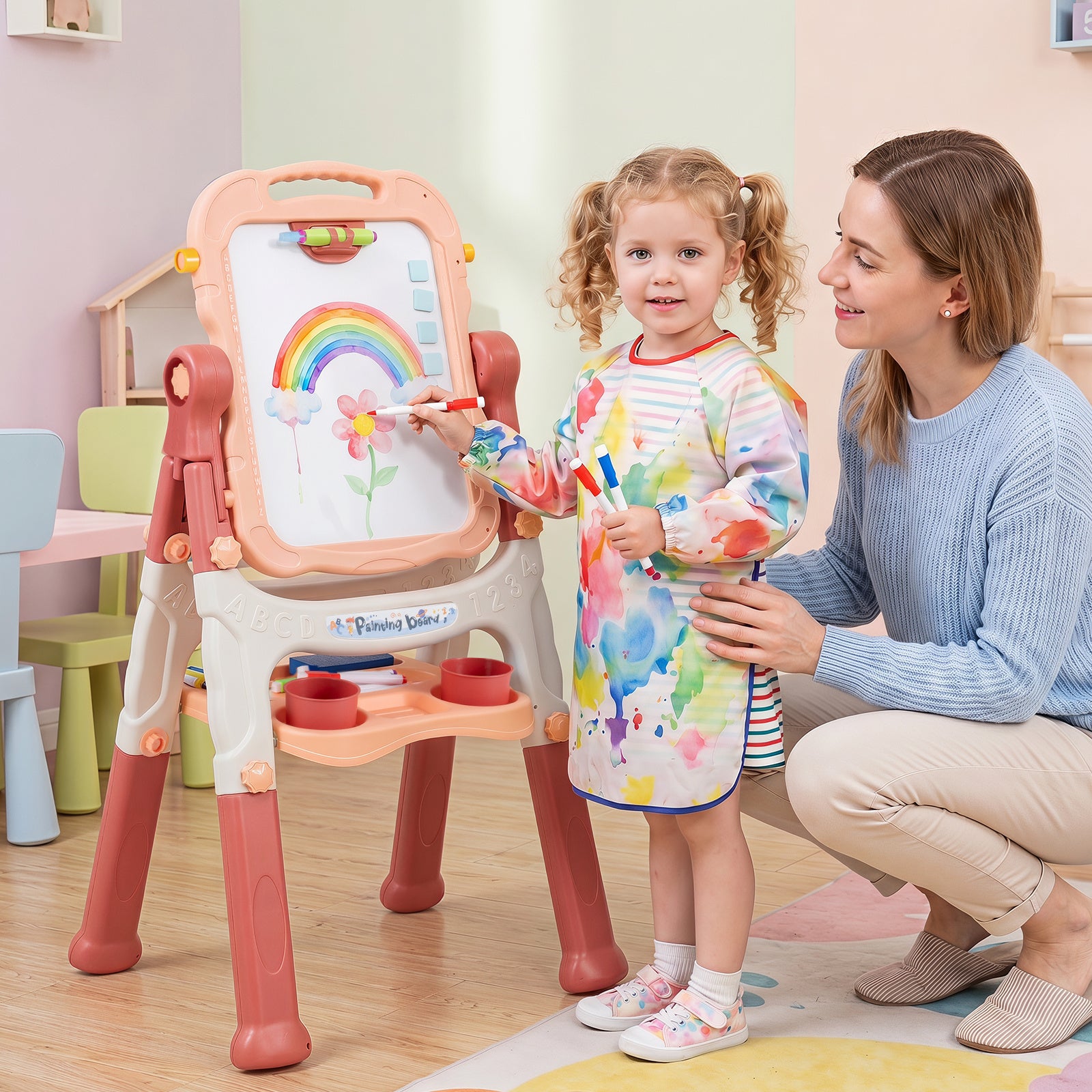 Costway Art Easel for Kids Height Adjustable with 22 Accessories for Creative Play-Pink