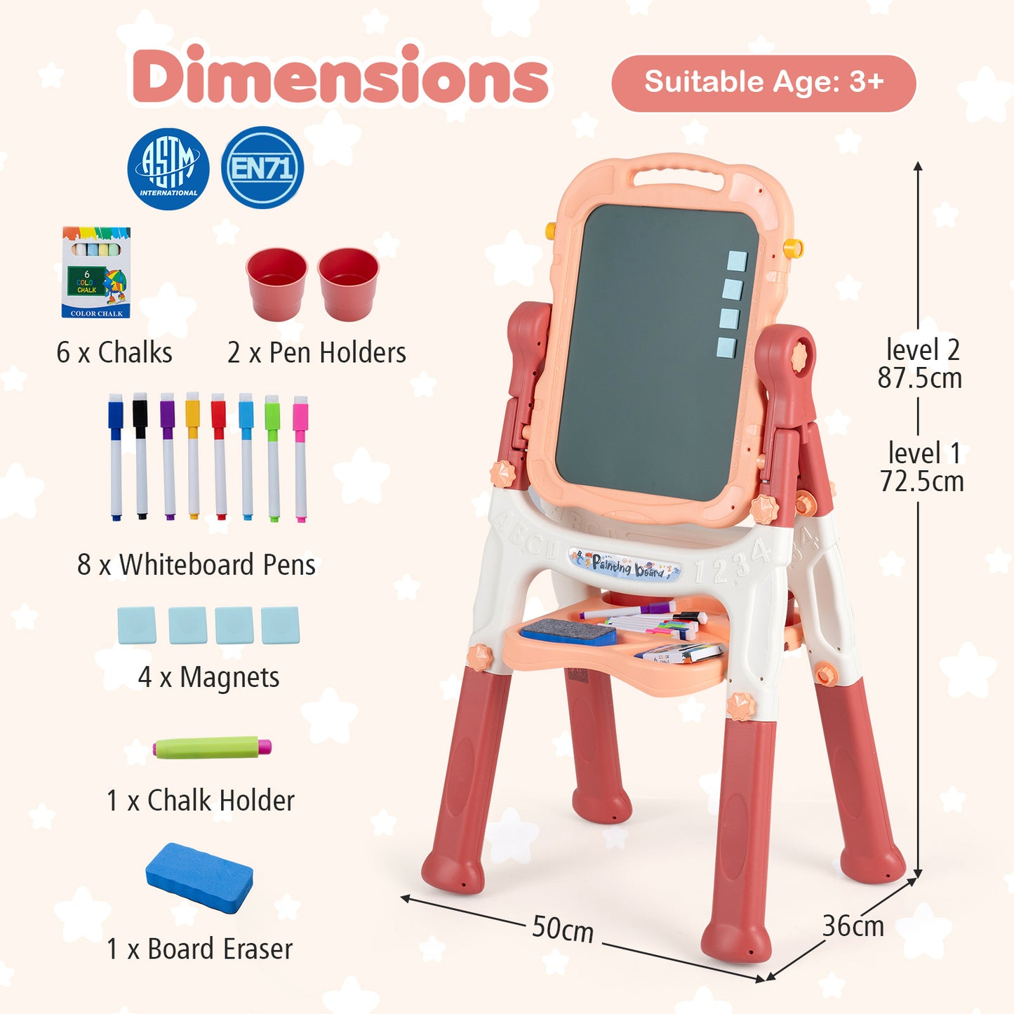 Pink Kids Art Easel | 4-In-1 Height Adjustable With 22 Accessories