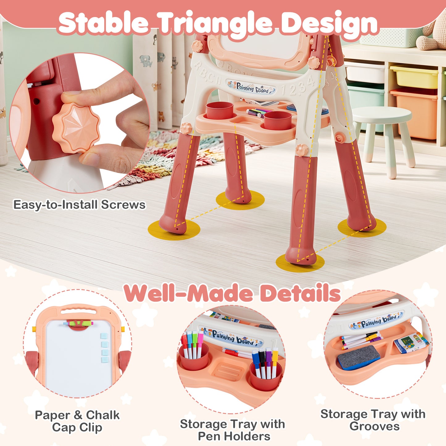 Pink Kids Art Easel | 4-In-1 Height Adjustable With 22 Accessories