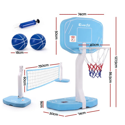 Everfit 2 in 1 Pool Basketball Hoop Volleyball Net Set Water Sports Game Combo Weighted Base Blue