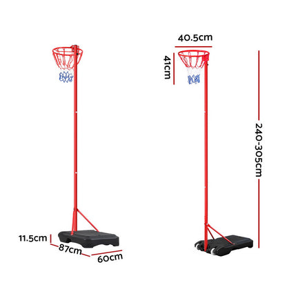 Adjustable netball hoop stand for kids & adults, perfect for home play & fun.