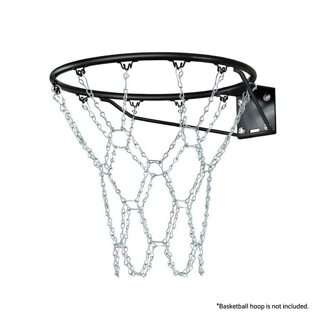 Durable metal chain basketball net with 12 loops for home courts, perfect for kids.