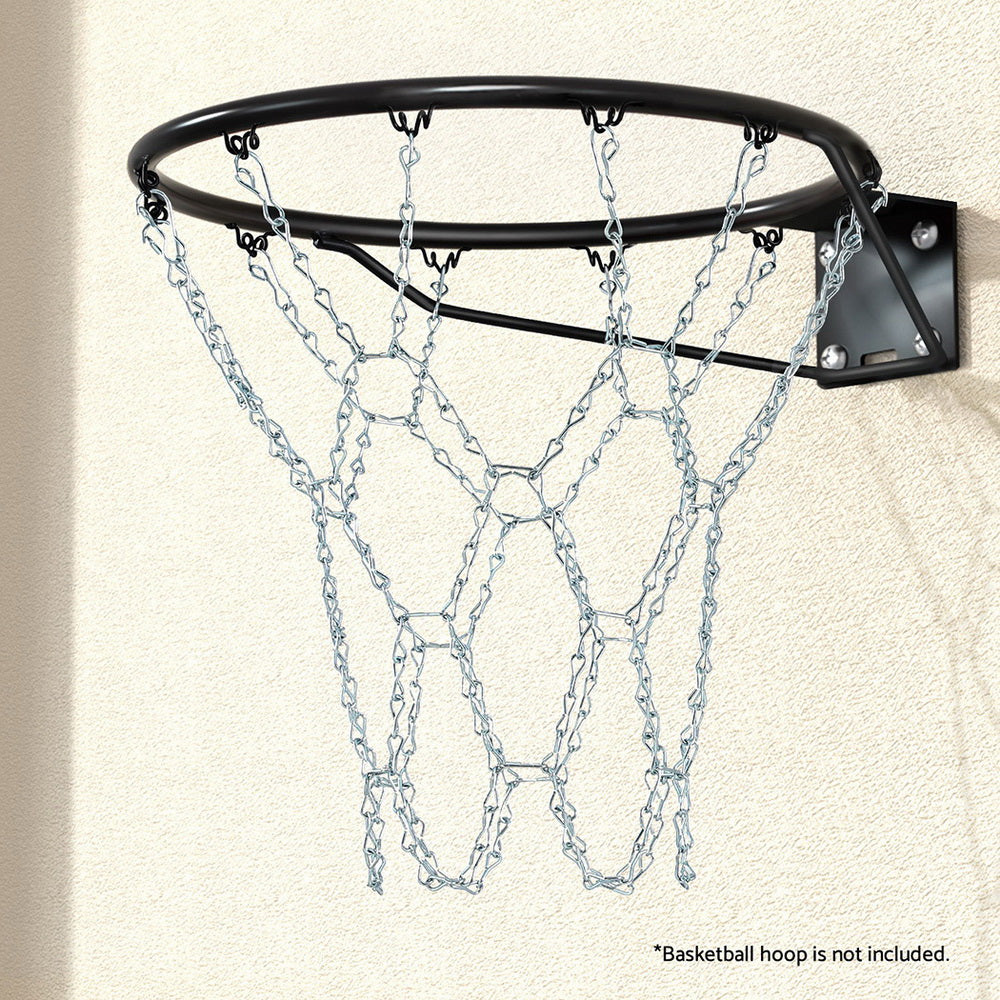 Durable metal chain basketball net with 12 loops for kids home hoop play.