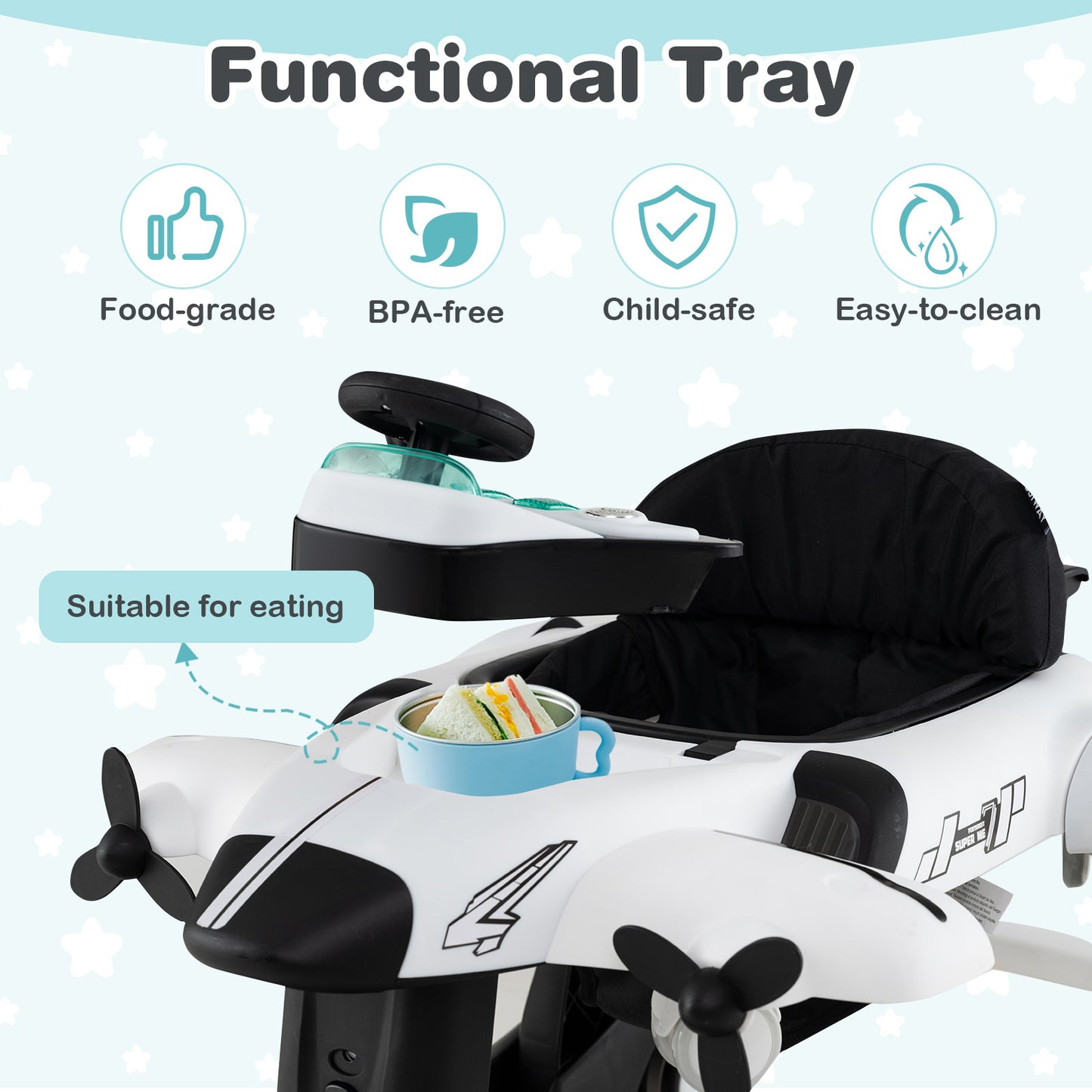 6 In 1 Foldable Baby Walker | Music Lights Adjustable Height White