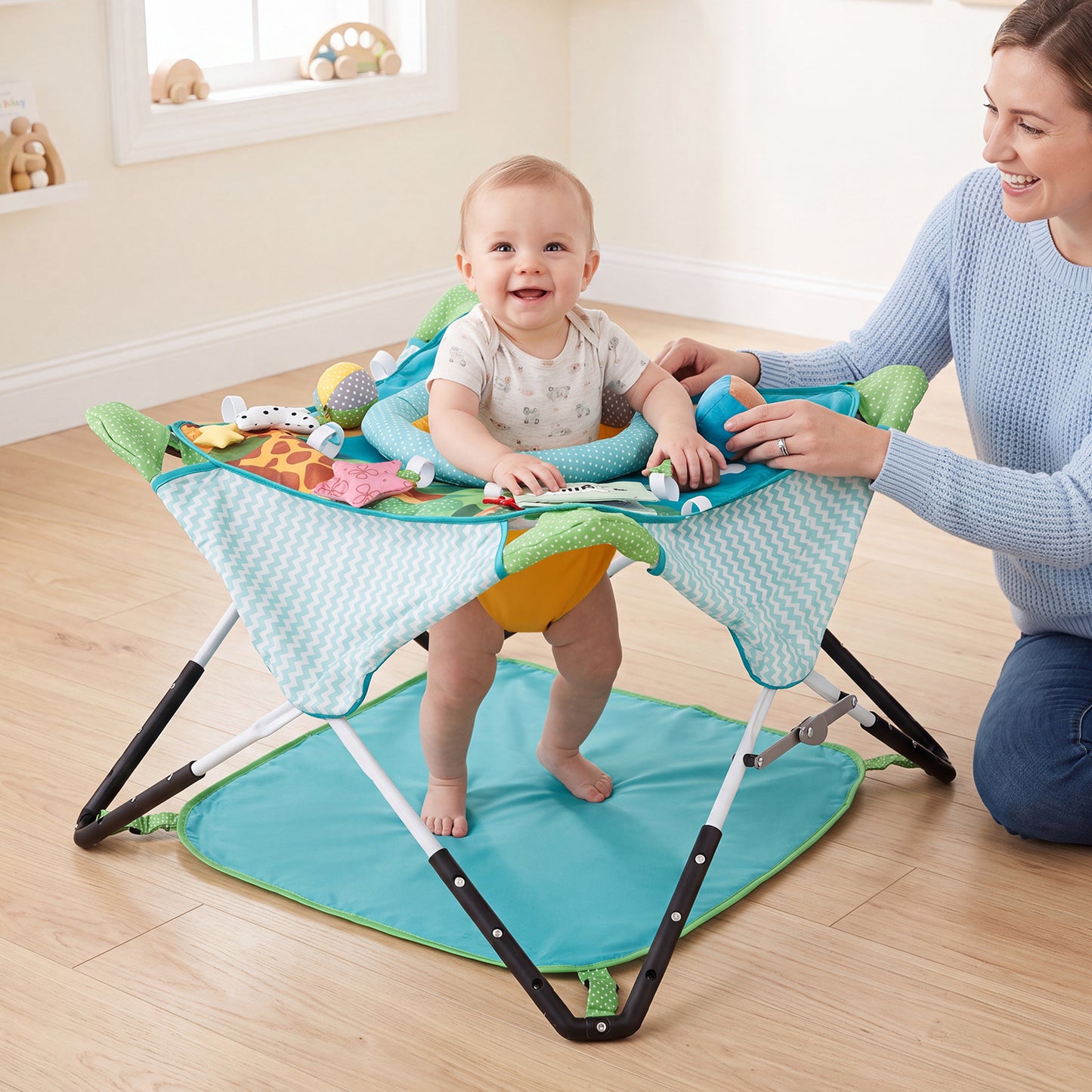 Blue Foldable Baby Jumper | Portable Activity Center with 5 Toys