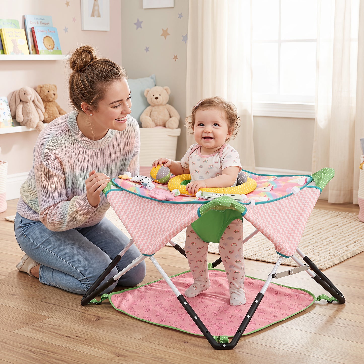 Pink Foldable Baby Jumper | Portable Activity Center with 5 Toys