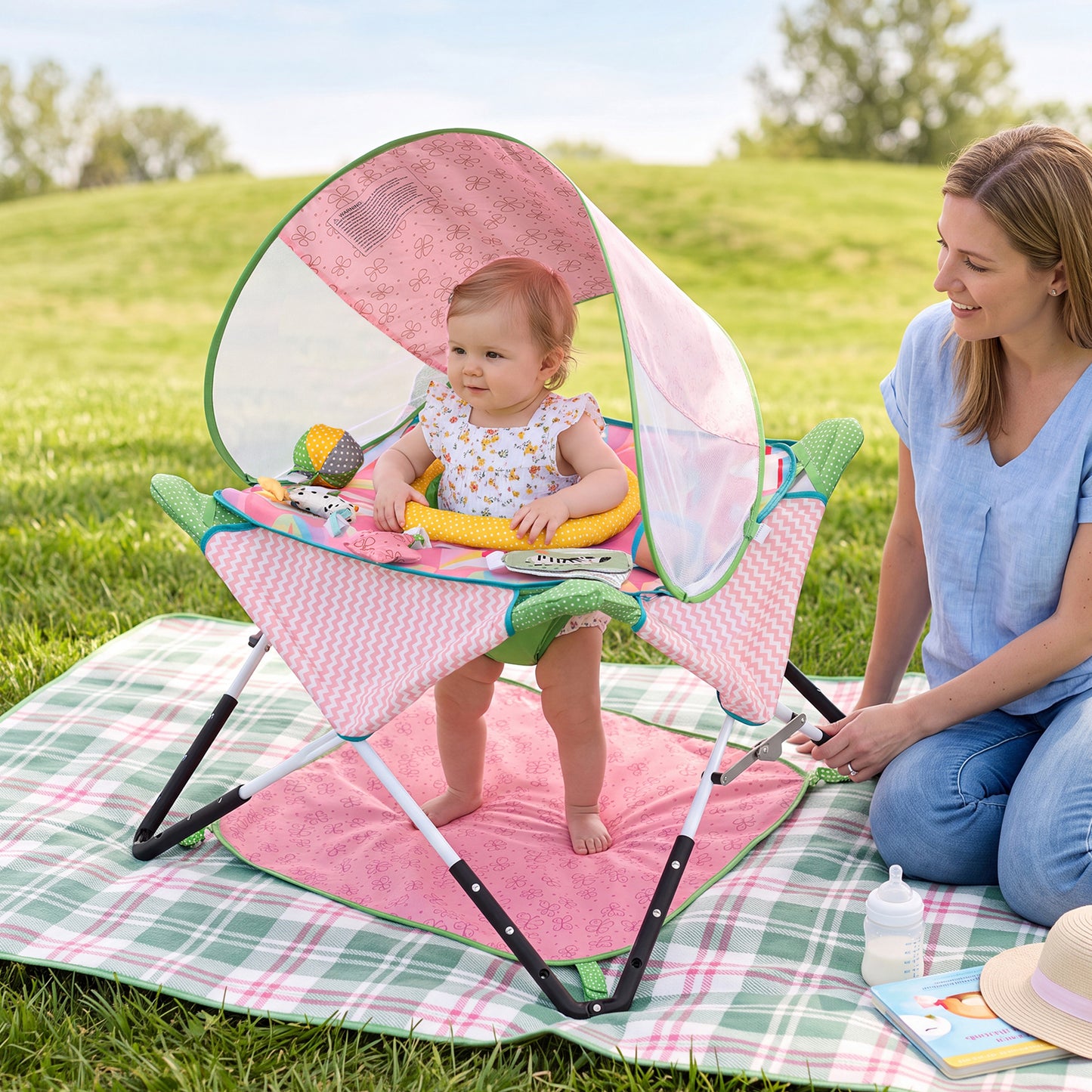 Pink Foldable Baby Jumper | Portable Activity Center with 5 Toys