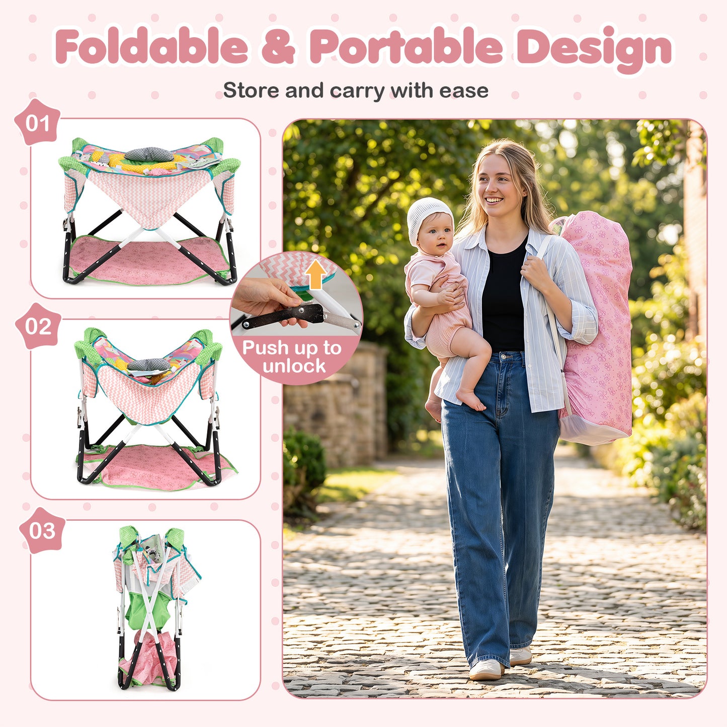 Pink Foldable Baby Jumper | Portable Activity Center with 5 Toys