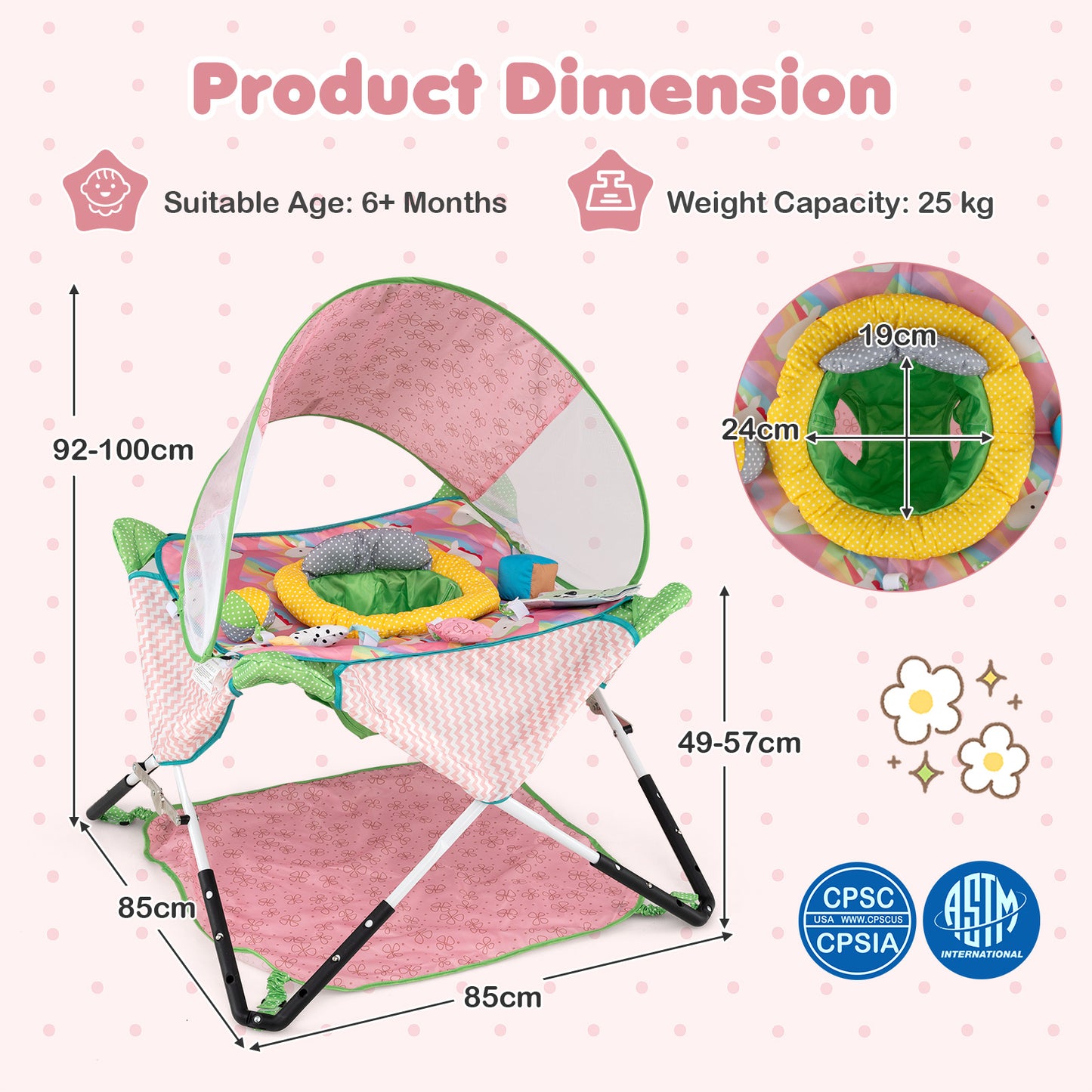 Pink Foldable Baby Jumper | Portable Activity Center with 5 Toys