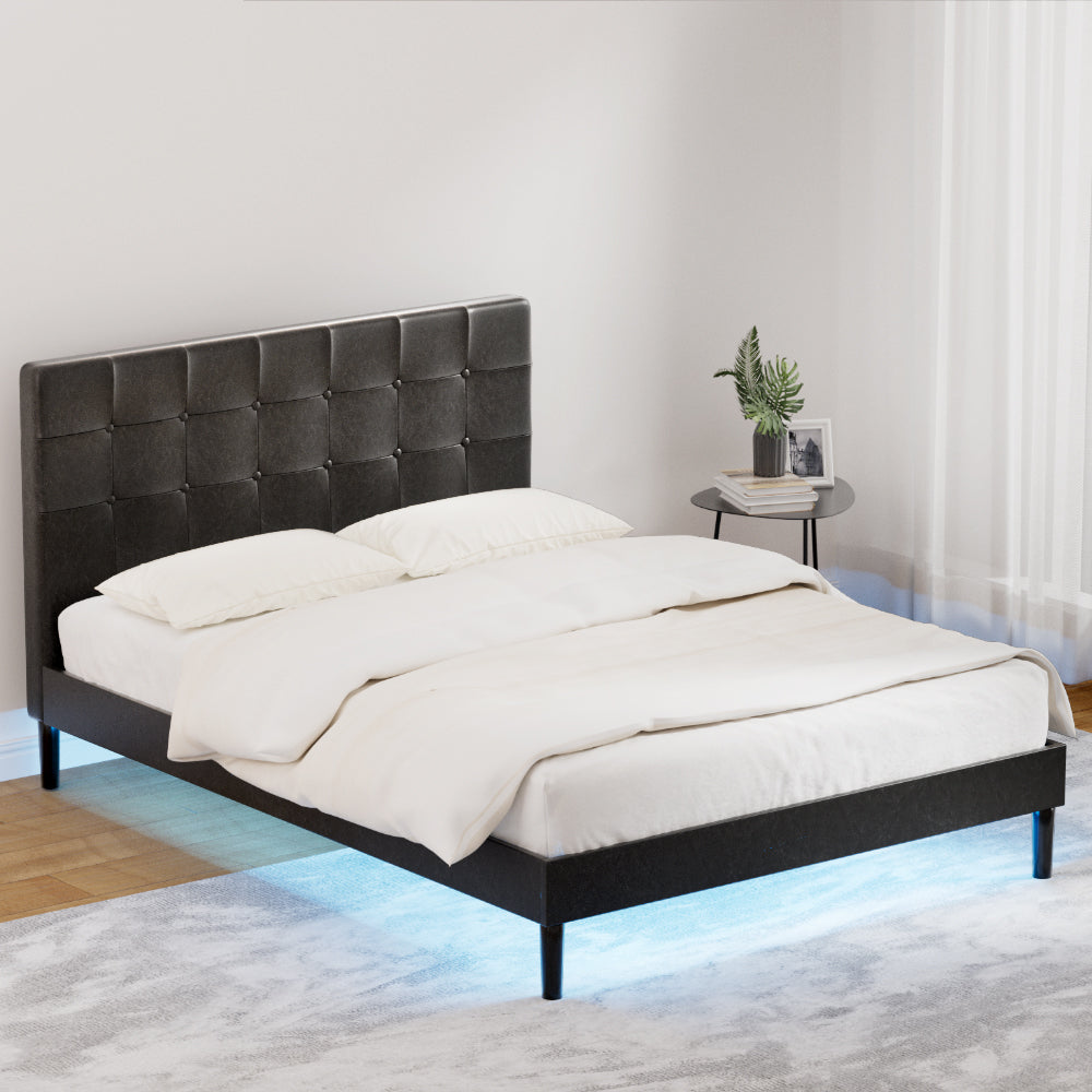 Artiss RAVI LED Double Bed Frame in black PVC leather, perfect for childrens bedrooms.