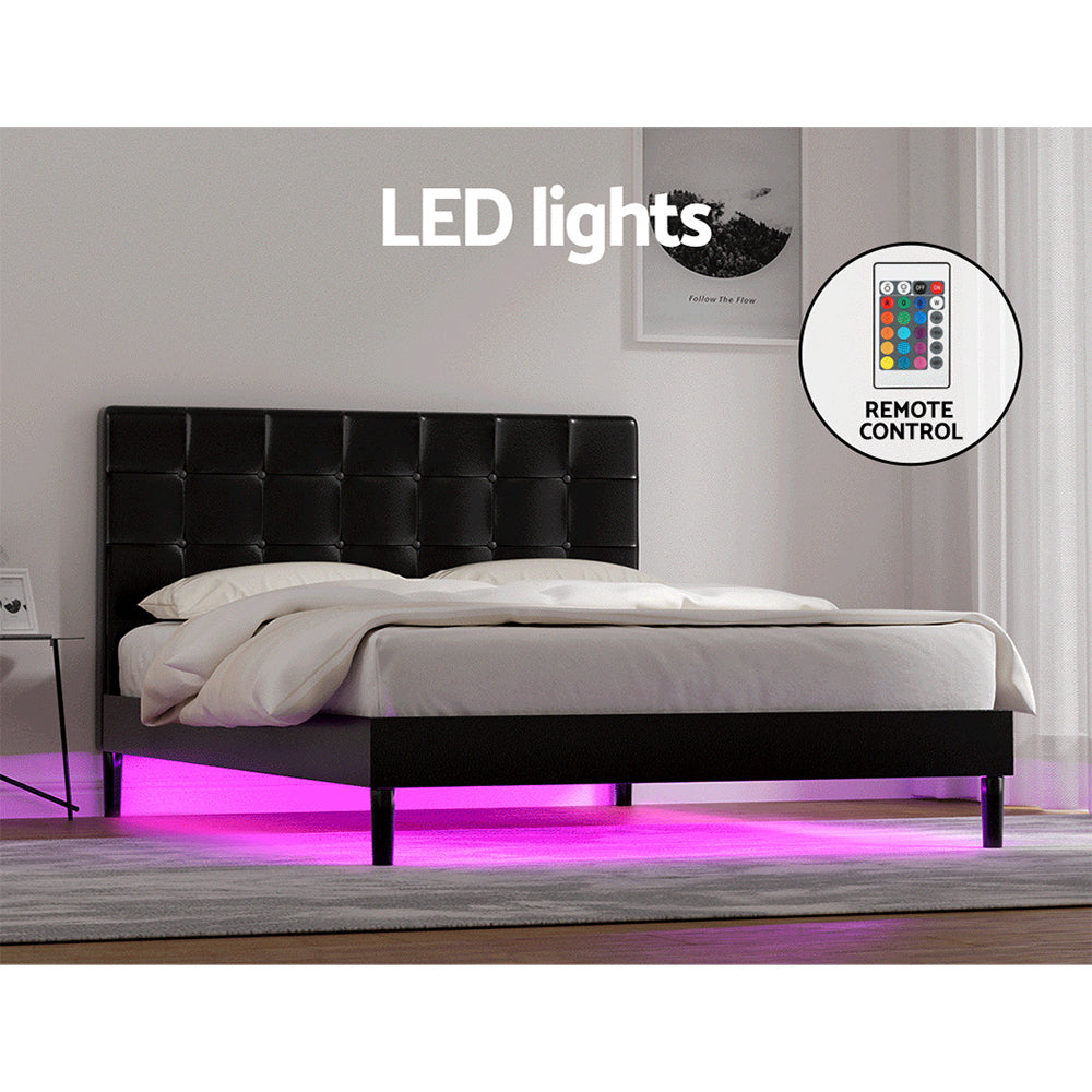 Artiss RAVI LED Double Bed Frame in Black PVC Leather with child-friendly design.