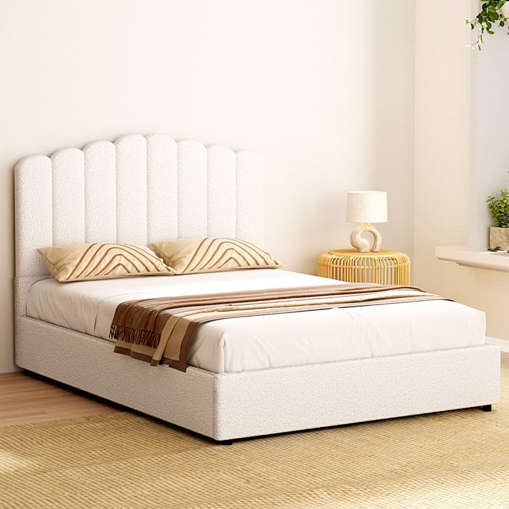 Plush double size Artiss FION bed frame featuring trendy boucle fabric upholstery for stylish bedroom comfort.