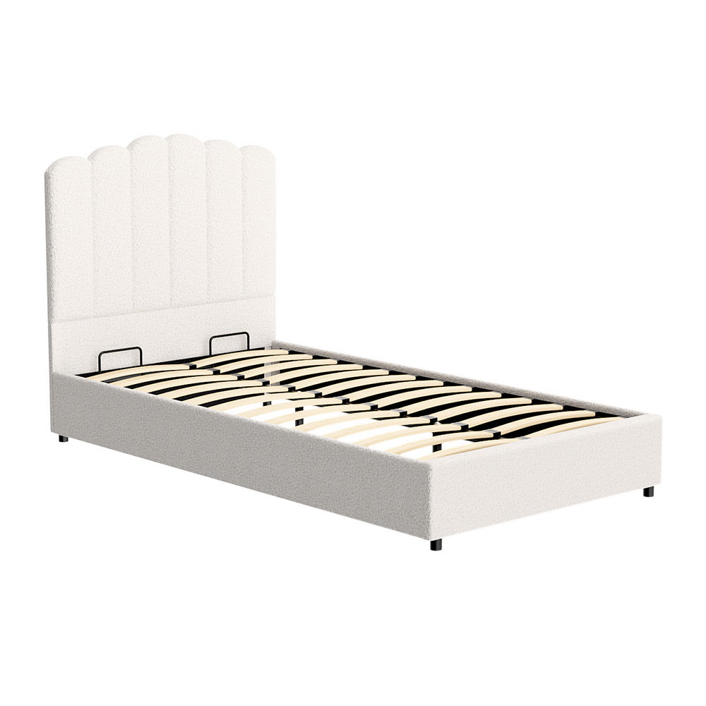 Plush king single bed frame in trendy boucle fabric, combining comfort and style for modern bedrooms.