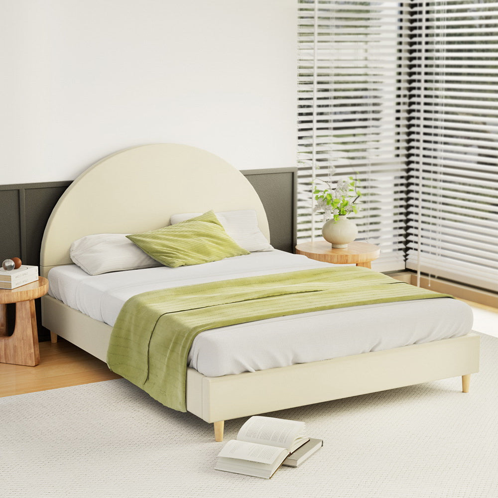 Artiss Ella Double Velvet Bed Frame in Cream with Arched Headboard for Kids Bedrooms