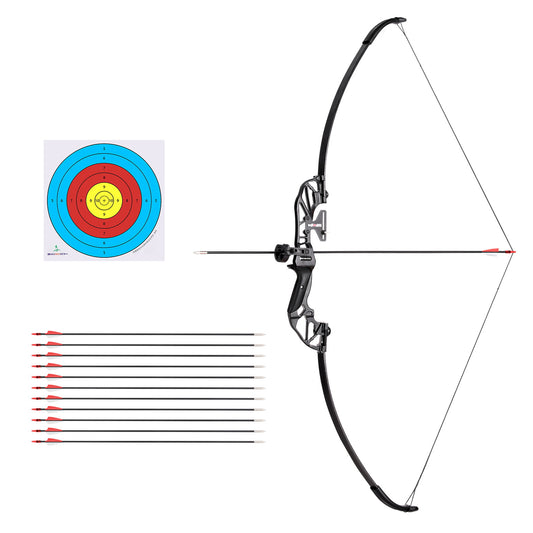 Lightweight 55-pound recurve bow set with red finish, ideal for beginners learning archery and hunting skills.