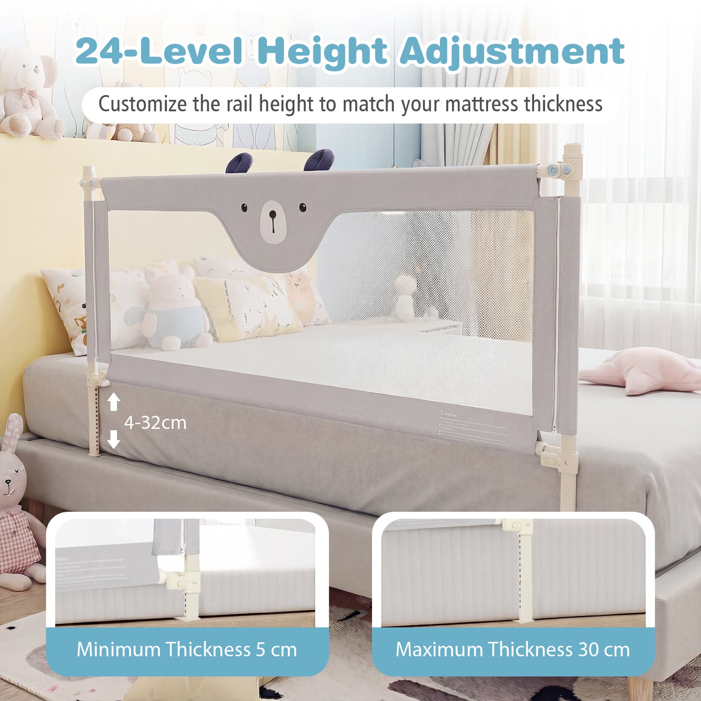 Grey Vertical Lifting Toddler Bed Rail | Double Lock & 24 Heights