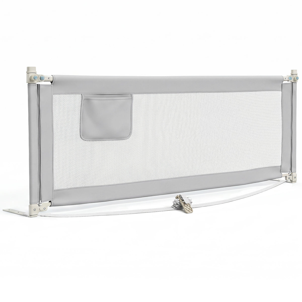 Grey Toddler Bed Rail 195cm | Double Lock & Storage Pocket