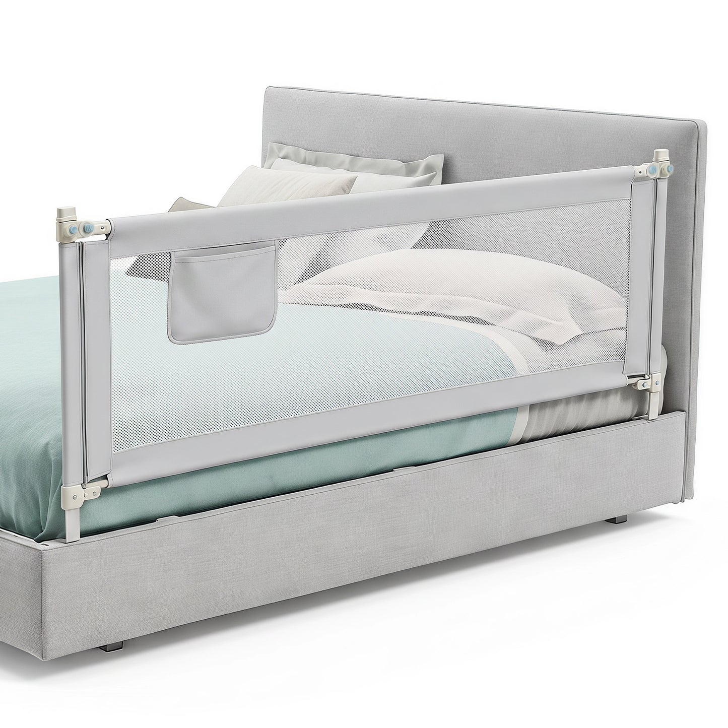 Grey Toddler Bed Rail 195cm | Double Lock & Storage Pocket