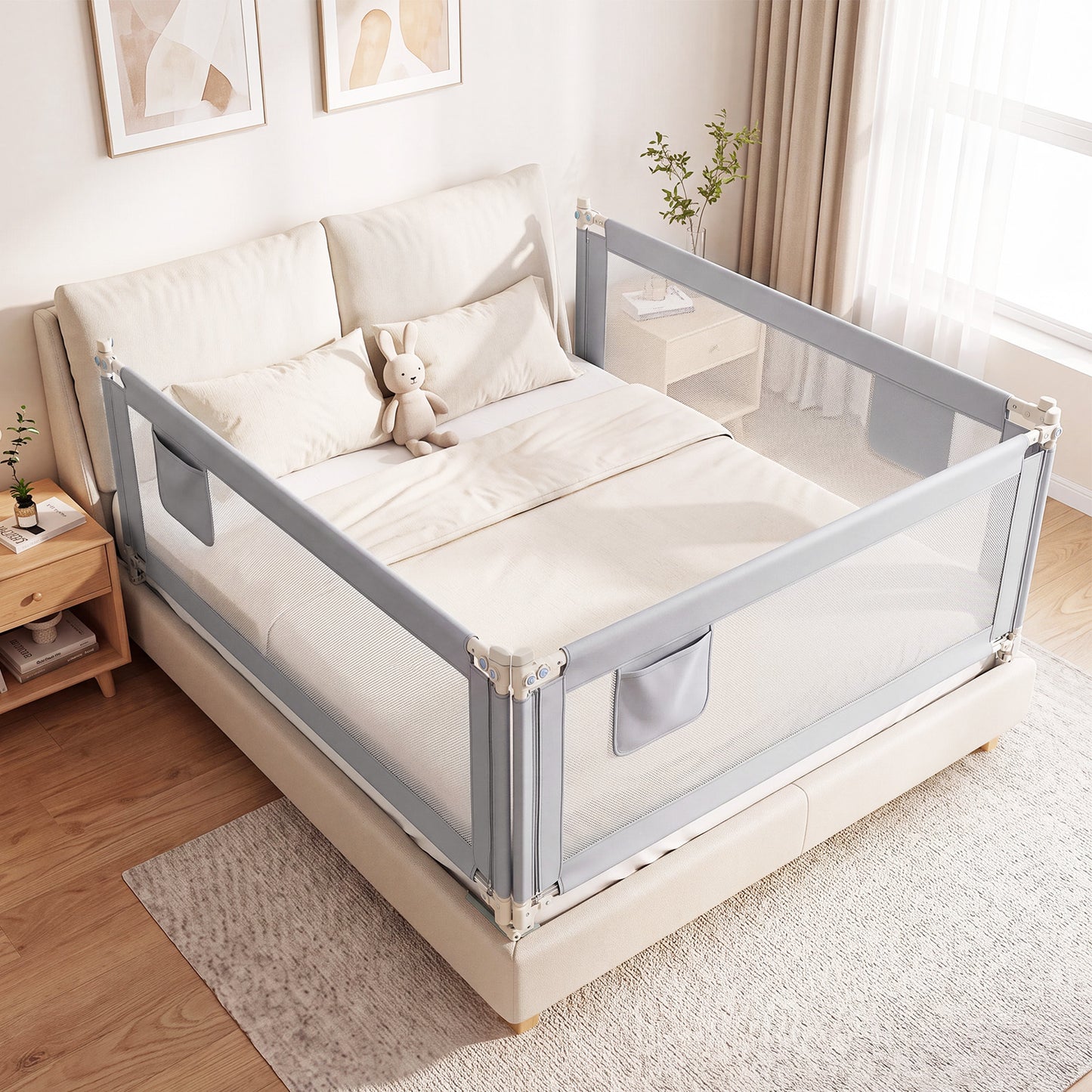 Grey Toddler Bed Rail 195cm | Double Lock & Storage Pocket