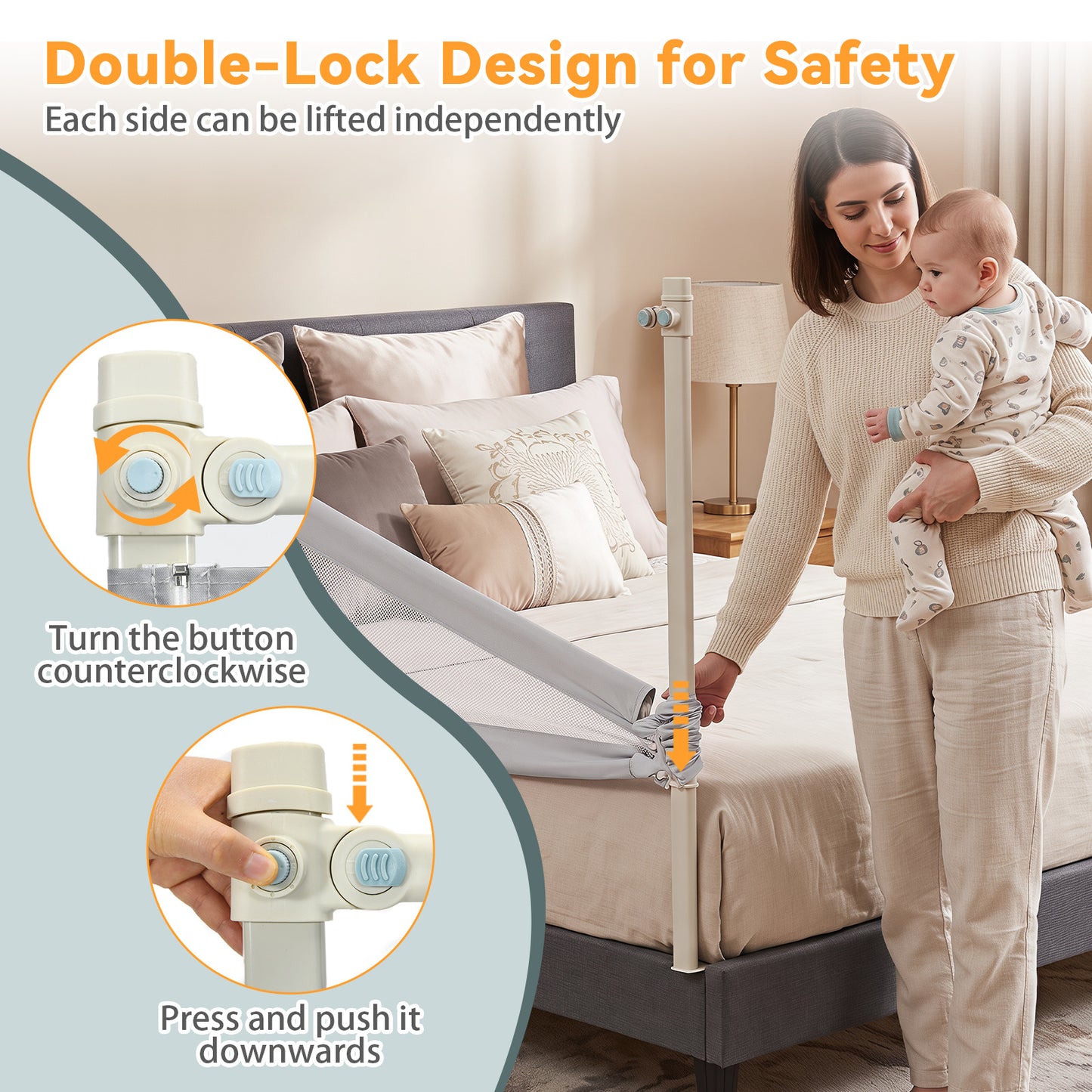 Grey Toddler Bed Rail 195cm | Double Lock & Storage Pocket