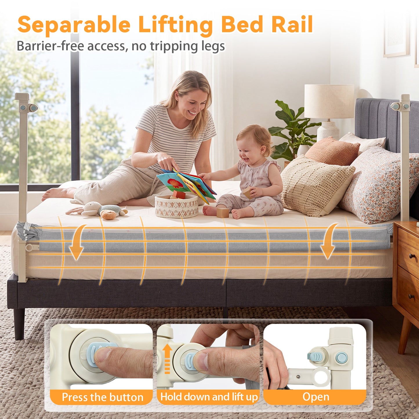 Grey Toddler Bed Rail 195cm | Double Lock & Storage Pocket