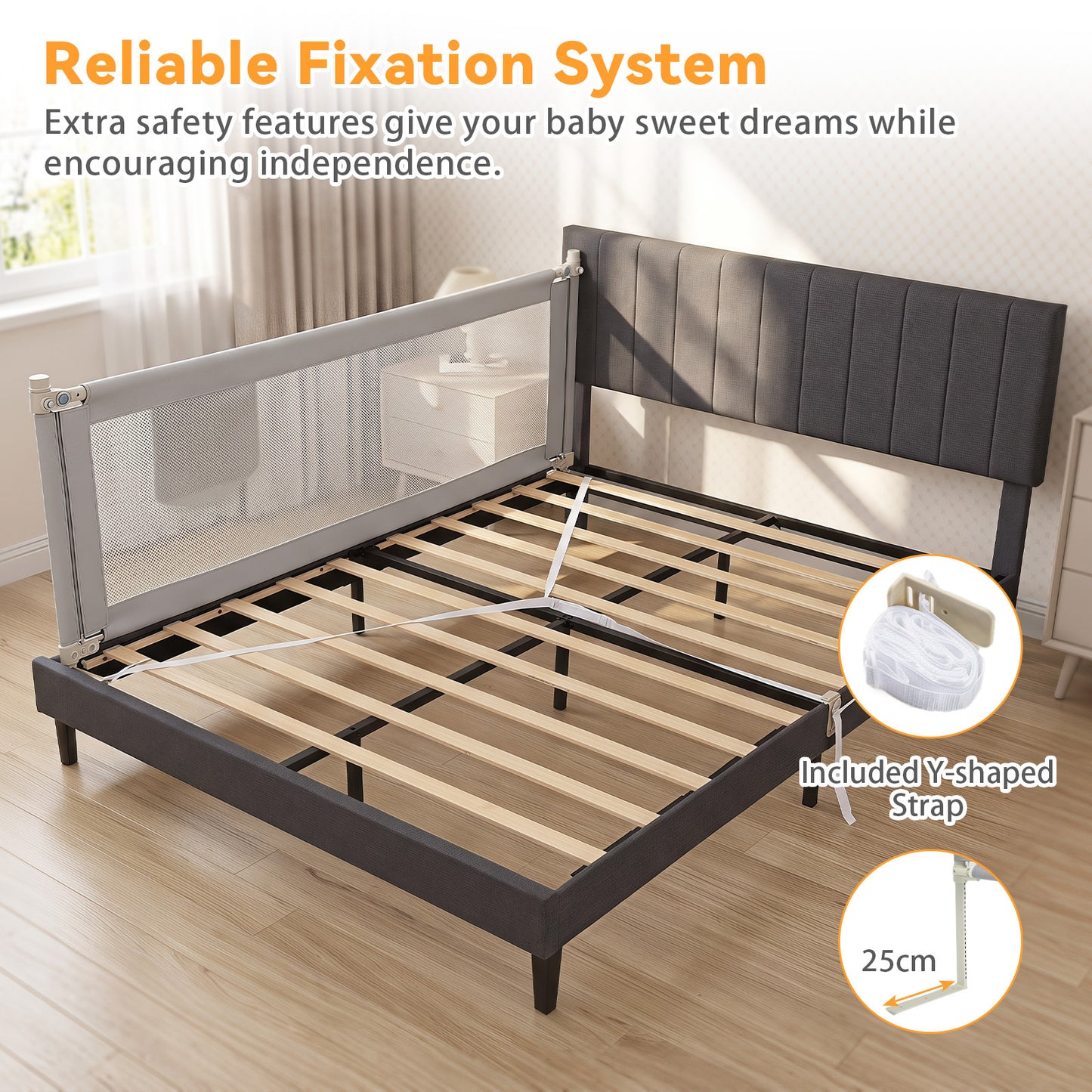 Grey Toddler Bed Rail 195cm | Double Lock & Storage Pocket
